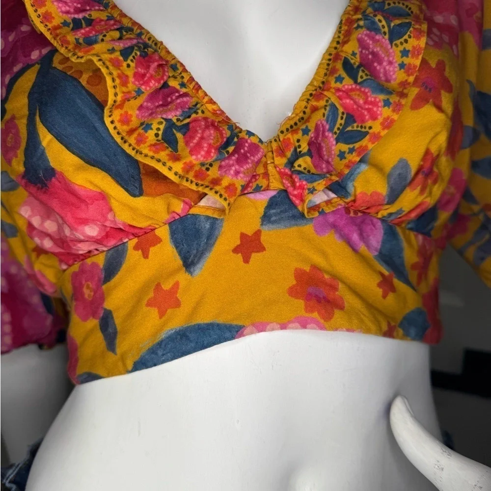 FARM Rio Floral Yellow and Pink Puff Sleeve Crop Blouse